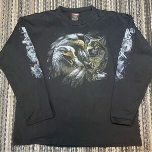 Vintage 90s AOP black eagle and wolf nature print long sleeve tee size XL